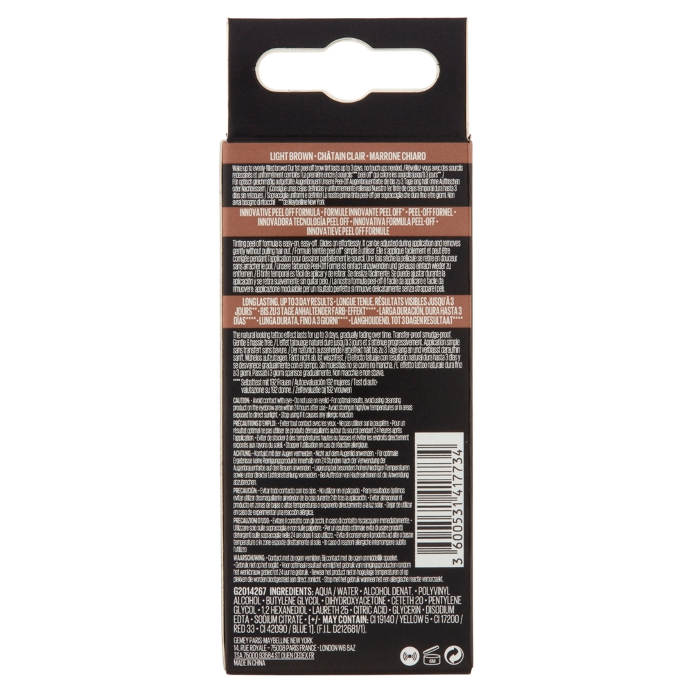 Maybelline New York Tinta per Sopracciglia Peel-off Tattoo Brow, Dura fino a 3 Giorni, Light Brown